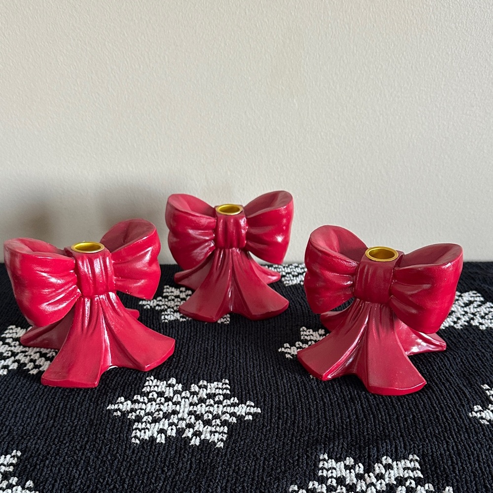 Holiday Time Festive Christmas Red Bow Candle Holder Set of 3 NEW!